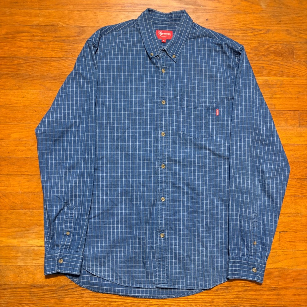 Supreme XL Blue Grid PLong Sleeve Button Down Shirt Pocket NYC